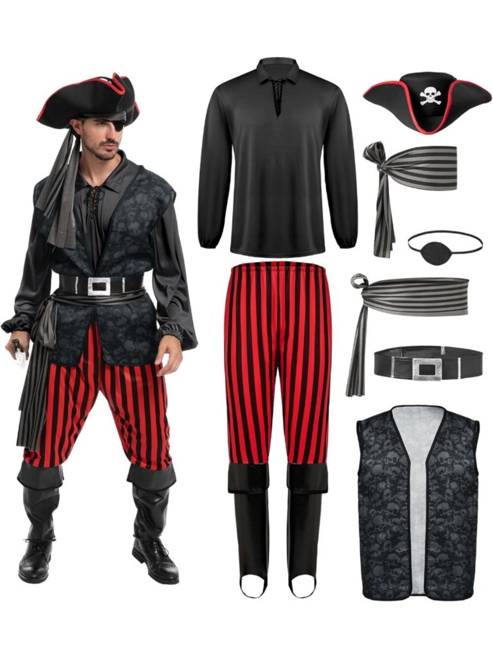 Adult Pirate Costume Set - Shirt, Vest, Pants & Hat for Halloween Parties
